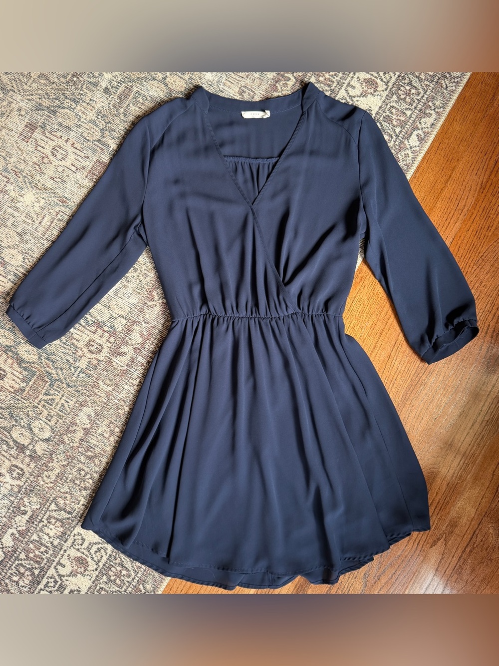 Lush Navy Blue Chiffon Faux Wrap Dress Size Medium 3/4 Sleeve